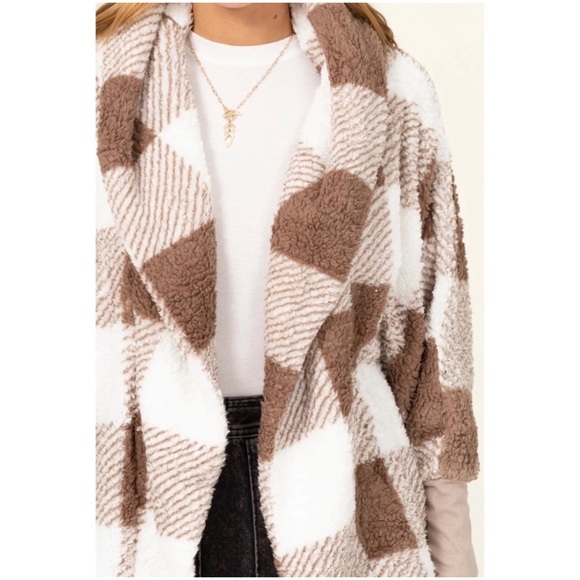 1 LEFT! Taupe Ivory Plaid Ultra Comfy Teddy Sherpa Open Cardigan Hooded Coat - Picture 3 of 3